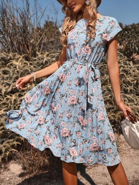 

floral print pleated hem belted dress q7nn#, Black;gray