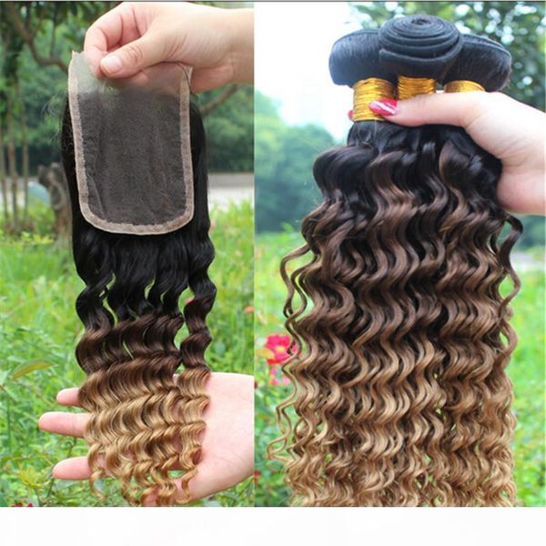

1b 4 27 honey blonde ombre brazilian human hair weaves with lace closure deep curly wave two tone 3bundles with closure 4pcs lot, Black
