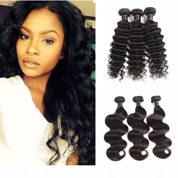 

100% unprocessed peruvian deep wave virgin human hair extensions 3pcs lot unprocessed brazilian human hair weaves dyeable body wave, Black