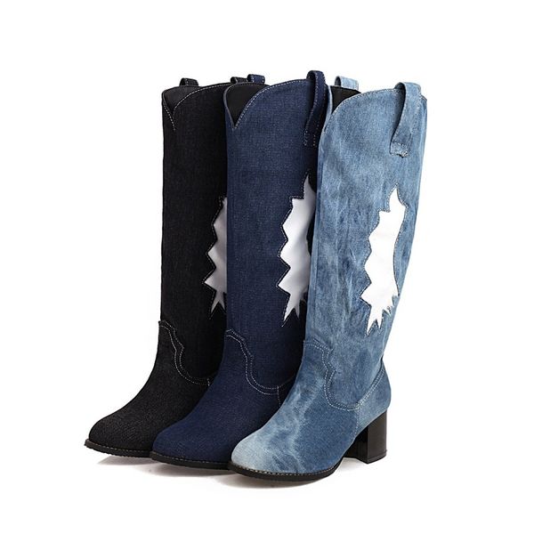 

women shoes denim knee high boots autumn winter high heels cowboy boots zapatos mujer platform punk ladies long, Black