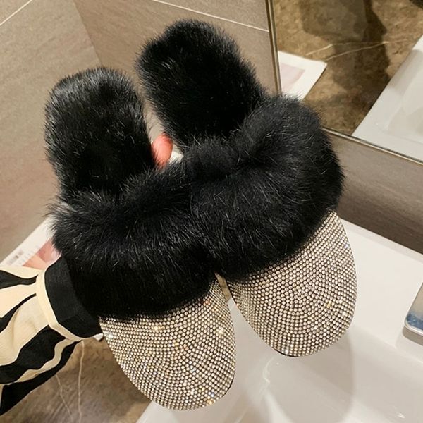 

ladies round toe designer shoes women luxury rhinestone fur crystal slippers diamond mules slip on slippers flats shoes y201026, Black