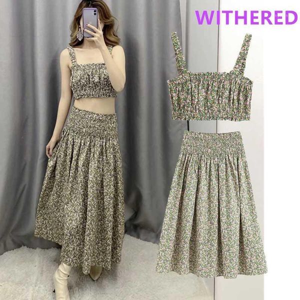 

withered england high street vintage floral print camisole harajuku short tshirt midi long skirt women faldas 2 pieces set1, White