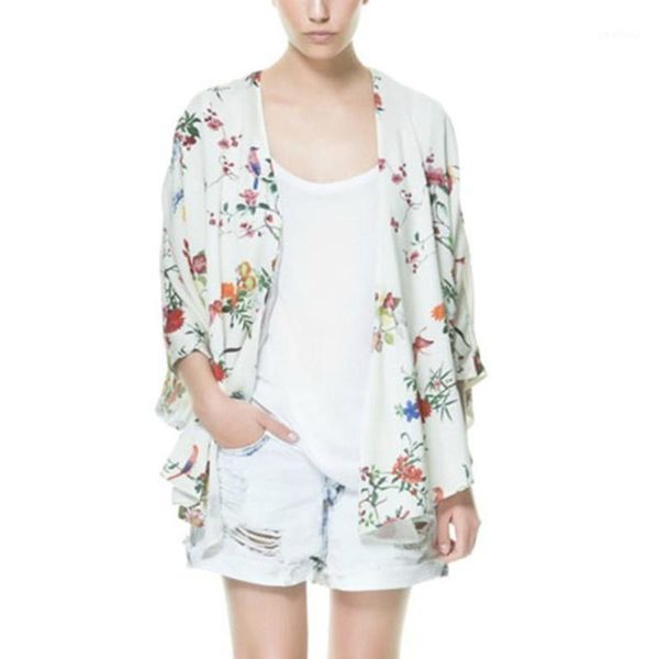 

women's jackets wholesale- blusas women kimono white cardigan shirt blouse spring summer women's bird flower print bat sleeve, Black;brown