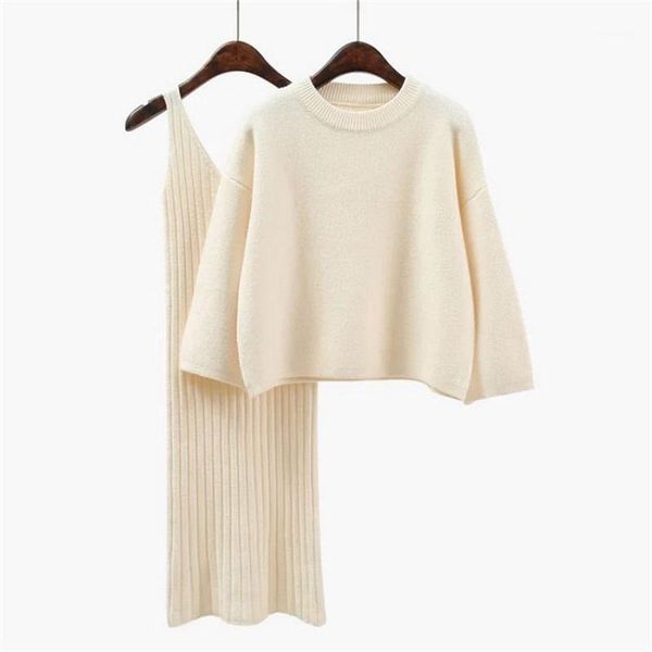 

women's knitted sets long sleeve office winter 2 pieces sweater dress set wear casual pullover knitted dresses clothing suit1, White