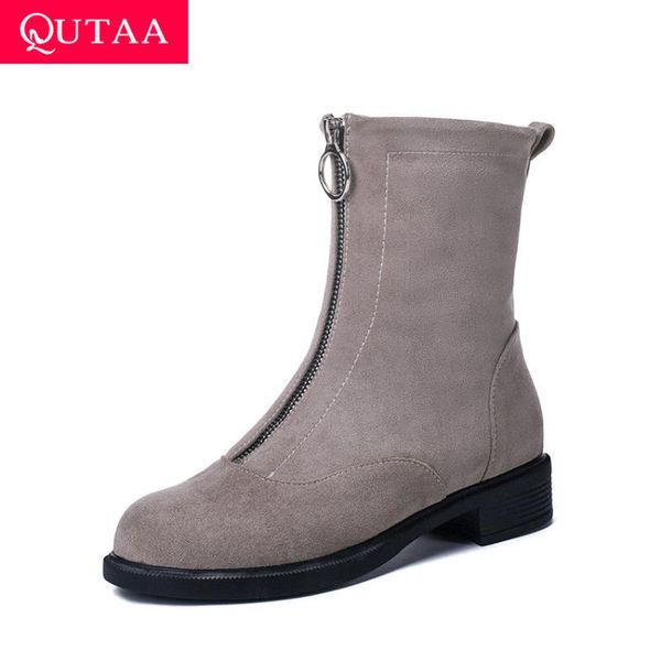 

qutaa 2021 casual round toe flock women shoes square high heel ankle boots autumn winter keep warm zipper ladies boots size34-39, Black