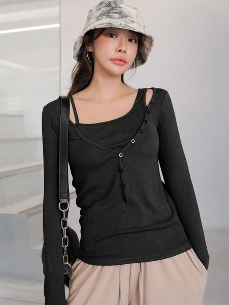 

dazy 2 in 1 button detail ribbed tee g33x#, White