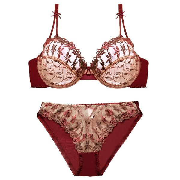 

transparent lingerie set unlined ultra thin bra and panty set with wires butterfly embroidery push up underwear women 95d y200415, Red;black