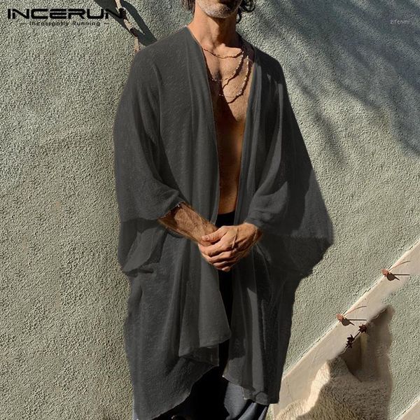 

incerun loose solid open stitch mens vintage trench leisure flare sleeve long style cloak mens coats cardigan outerwear s-5xl 71, Tan;black