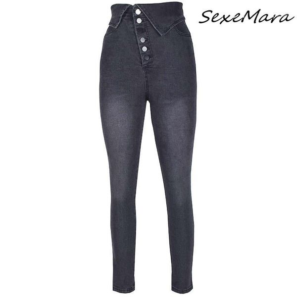 

2020 high waist women skinny jeans casual button bleached grey pencil jeans for women1, Blue