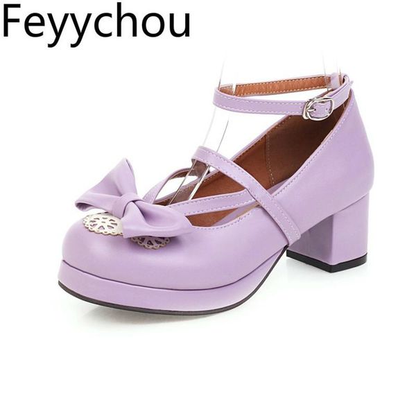 

women pumps med heel round toe buckle lolita child youth butterfly-knot platform new fashion sweet pink white big size34-46, Black