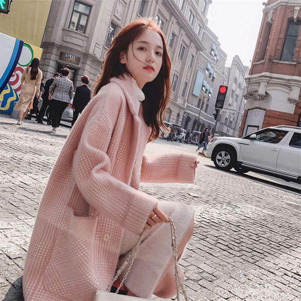 

plaid sweater women's autumn winter 2020 new long imitation mink thickened knitted cardigan loose large coat, White;black
