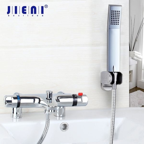 JIENI Wand-Thermostat-Waschtischarmaturen, Wasserhahn-Set, 1 Griff, Badezimmer, Waschbecken, Chrom-Messing, Badewannen-Wasserhahn, Duschset T200710