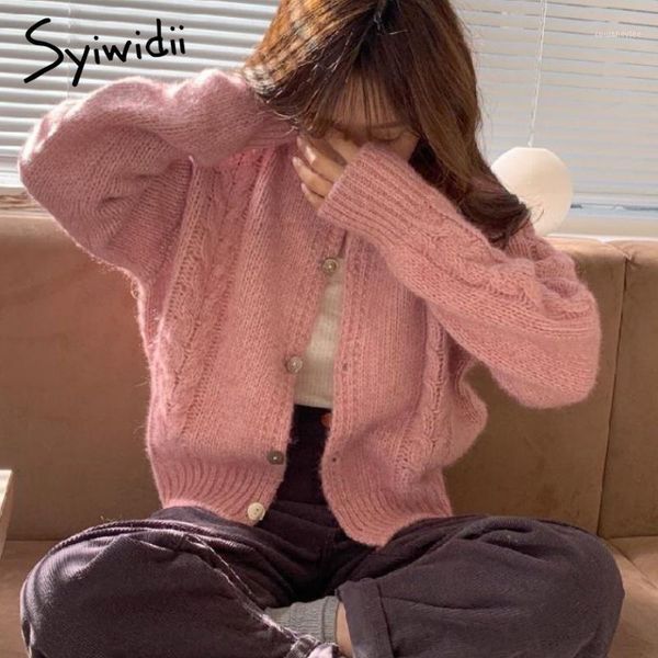 

syiwidii sweater women casual fashion street style cardigan women knit sweaters winter clothes pink green khaki v-neck new1, White