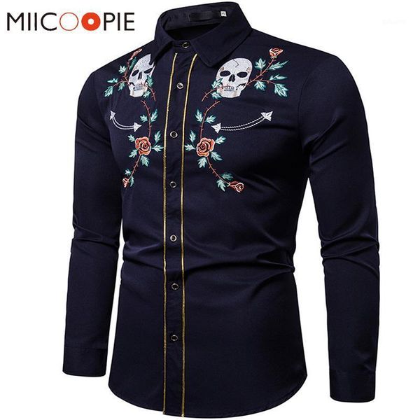 

men shirts slim fit long sleeve 2020 new causal rose skull embroidery camisa social shirts men dress western style streetwear1, White;black