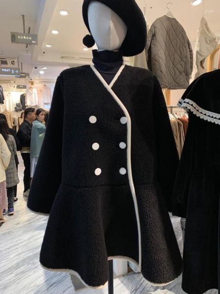 

south korea 2019 new fashion autumn winter lambhair dress v-neck double breasted dress plush coat plus size women winter clothes1, Black