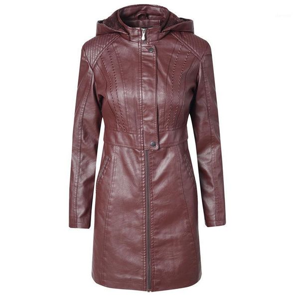

winter crop hooded detachable thickened pu long windbreaker warm/windproof temperament business long sleeve zipper retro coat1, Black