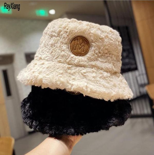 

trendy m-shaped patchwork plush fisherman hat winter warmth imitation mink korean fashion basin hat cute brim, Blue;gray