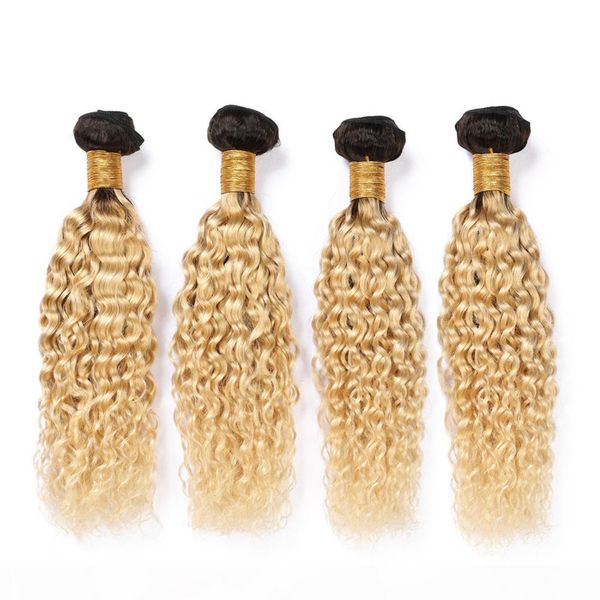 

ombre blonde malaysian wet and wavy human hair weave bundles 400gram #1b 613 dark root ombre hair extensions water wave virgin hair wefts, Black