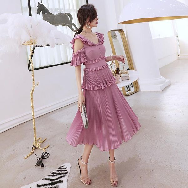 

yigelila women chiffon dress summer fashion v-neck off shoulder ruffles empire slim long holiday dress 639671, Black;gray