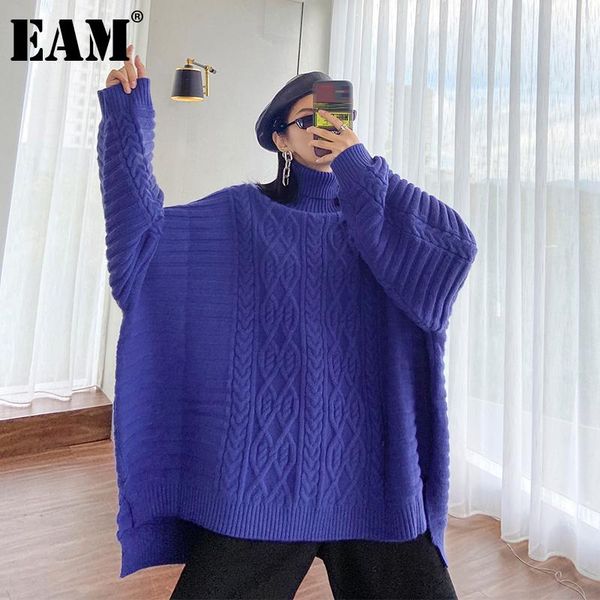 

eam] blue big size long knitting turtleneck sweater loose fit long sleeve women new fashion tide autumn winter 2021 1dc374, White;black