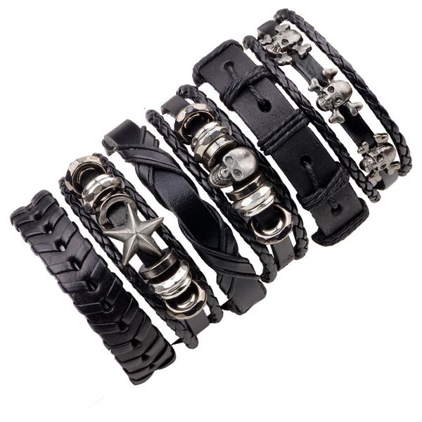 

new six piece genuine leather bracelet skull suit men's woven bracelet jewelry, Silver
