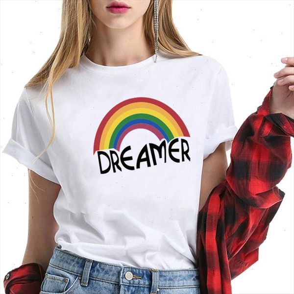 

dreamer rainbow print funny women t shirts harajuku fashion graphic cotton aesthetics clothing women 2021 tee shirt femme, White