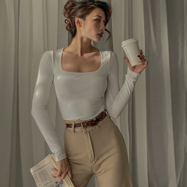 

2021 new autumn winter game fashion square silk collar solid a piece t-shirt sleeve woman tshit z0nf, White