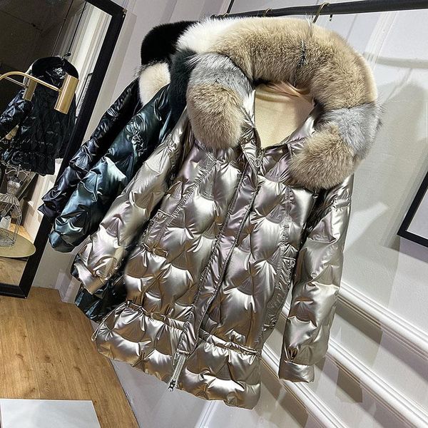 

oversized women glossy fur collar winter down jacket 2020 fashion warm thick long overcoat loose hooded female parkas coat, Black