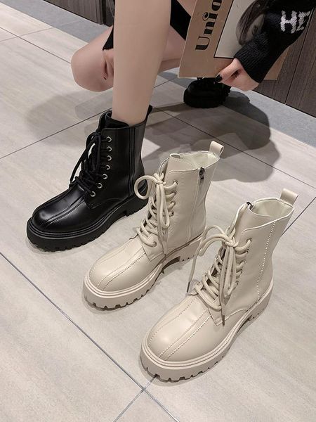 

lady boots rock shoes woman luxury designer lace up clogs platform boots-women round toe ankle booties women ladies fashion, Black