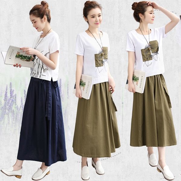 

cvk4i artistic loose cotton and linen set round neck short-sleeved art products loose new skirt product set women's two-piece printed 2, Gray