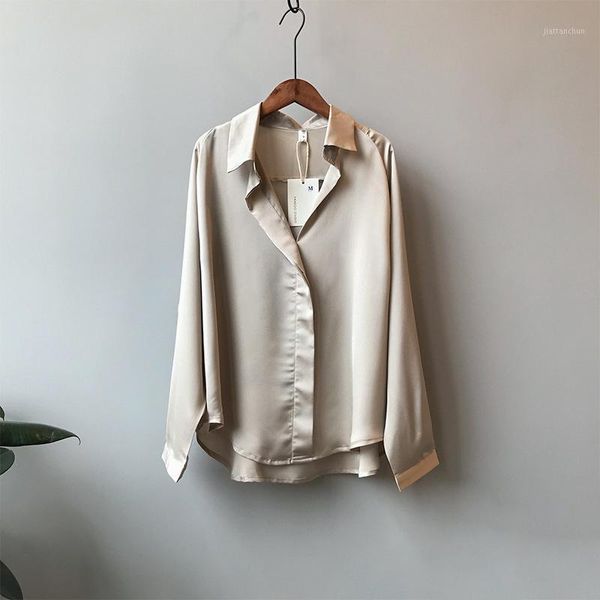 

2020 spring women fashion long sleeves satin blouse vintage femme v neck street shirts elegant imitation silk blouse1, White