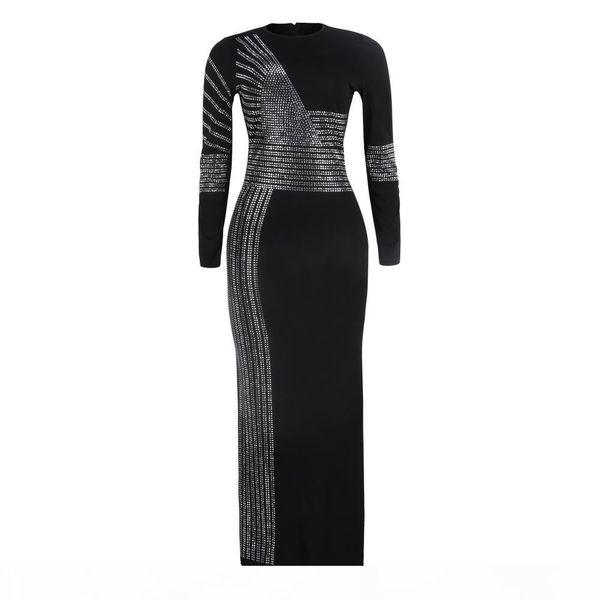 

2019 women maxi prom dresses ankle length long party dress stripe rhinestone long sleeve zipper side slit high waist dress black s-3xl, White;black