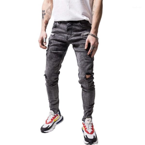 

men's jeans autumn men stretchy ripped skinny biker slim fit denim scratched high-elastic foot zip pencil pants1, Blue