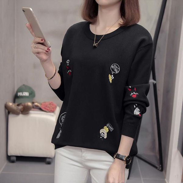 

осень 2020 новых раунда шеи женщин свитера cartoon вышивка свитер с длинным рукавом корейских сыпучими плюс размер вязание tops, White;black