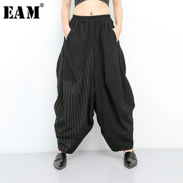 

[eam] new spring autumn high elastic waist black striped big pocket wide leg loose pants women trousers fashion tide jt138 201031, Black;white