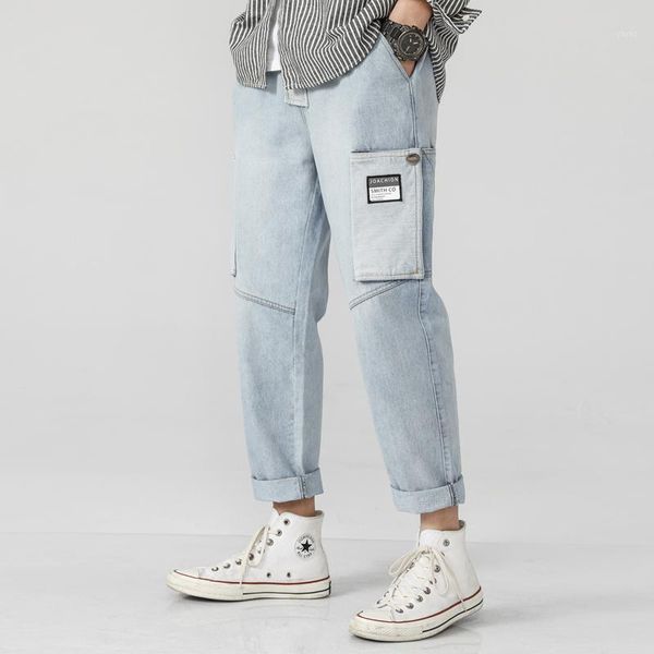 

streetwear men jeans pants side-pocket casual denim trousers men solid harem pants1, Black