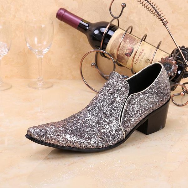 

sliver bling bling crystal dress wedding loafers pointed toe mens italian high heels shoes mens formal shoes genuine leather, Black