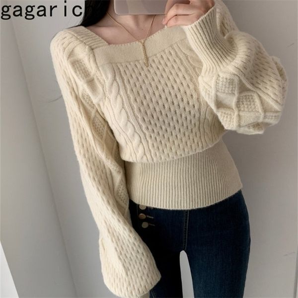 

gagarich women elegant sweater knit korean chic retro design square collar off-shoulder slimming thick pullovers office lady 201221, White;black