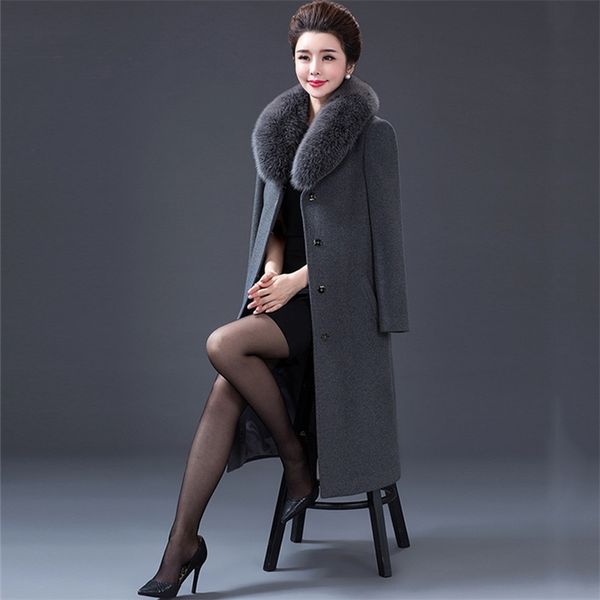 

winter brand trench coat women long jackets femme fake fur collar windbreaker wool coats plus size high-quality lj201128, Black