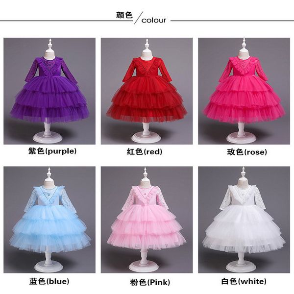 

wholesale 2021 spring new girls long sleeve lace dress formal princess dress cake skirt flower girl dresses for weddings e852, Red;yellow