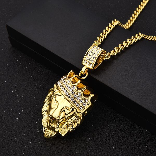 

hip hop jewelry lion head pendant necklace with gold chain king crown iced out necklace for men/ women 200928, Silver