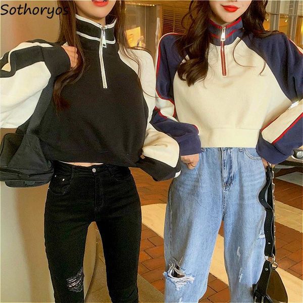 

hoodies women patchwork short style turtleneck zipper friends streetwear harajuku girls casual all-match daily chic kpop ins new1, Black