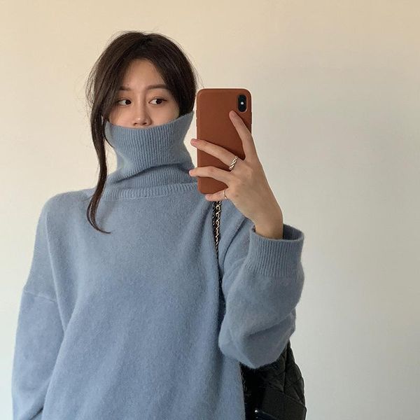 

women's sweaters falling shoulder sleeves high collar solid color loose sweater women 2021 winter korean knitted top, White;black