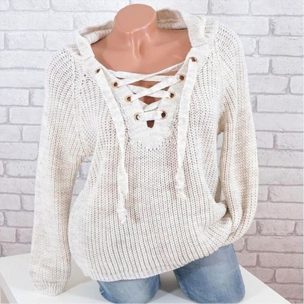 

womens sweaters autumn pullover bandage v neck womens cross strap large size lace up sweater drop shipping, White;black