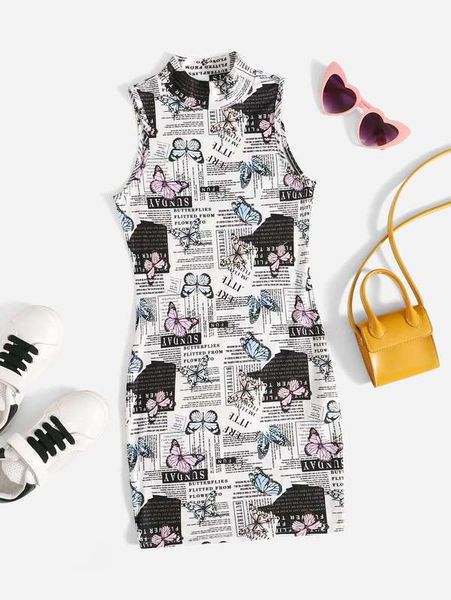 

girls mock neck butterfly & slogan graphic dress she, Red;yellow