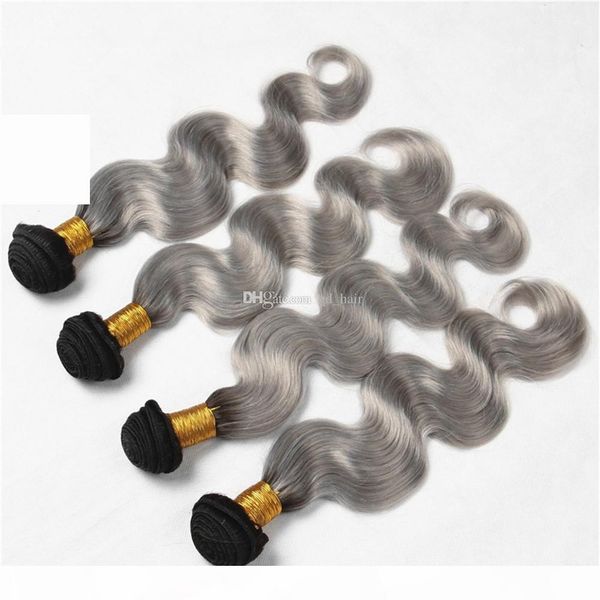 

ombre silver grey virgin hair extensions #1b grey two tone ombre hair bundles dark root body wave human hair weave 4pcs lot, Black