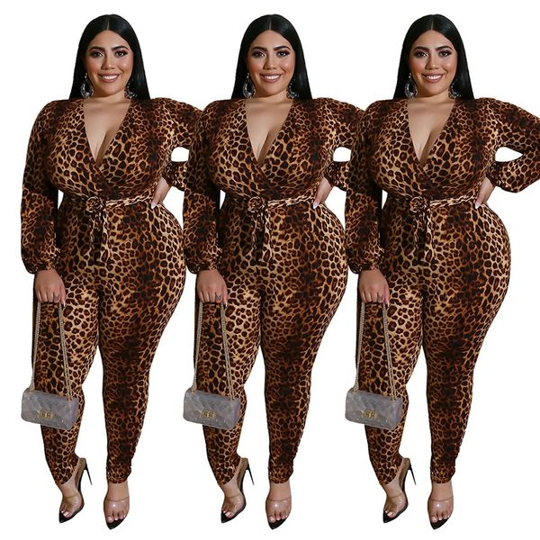 

autumn women jumpsuit office lady plus size jumpsuit with lace-up belt v-neck leopard jumpsuits slim fitting wholesale dropship y200422, Black;white