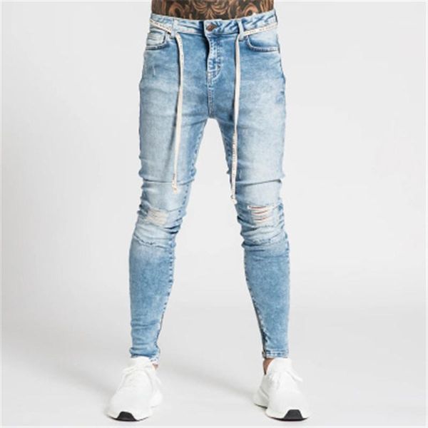 

washing jeans designer slim elasticity biker jeans fashion summer folds hole hip hop street buttons trousers clothing man zipper, Blue