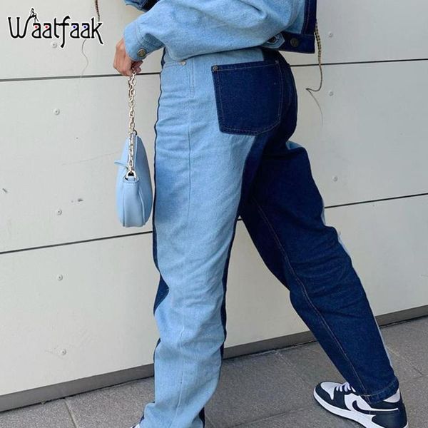 

waatfaak contrast pocket patchwork jeans streetwear baggy y2k pants high waisted vintage blue denim jeans women winter harajuku