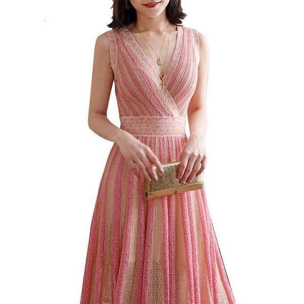 

2021 summer vest dress over the knee stripe long style vest dress elegant maxi dress slim sweater vest female, Black;gray